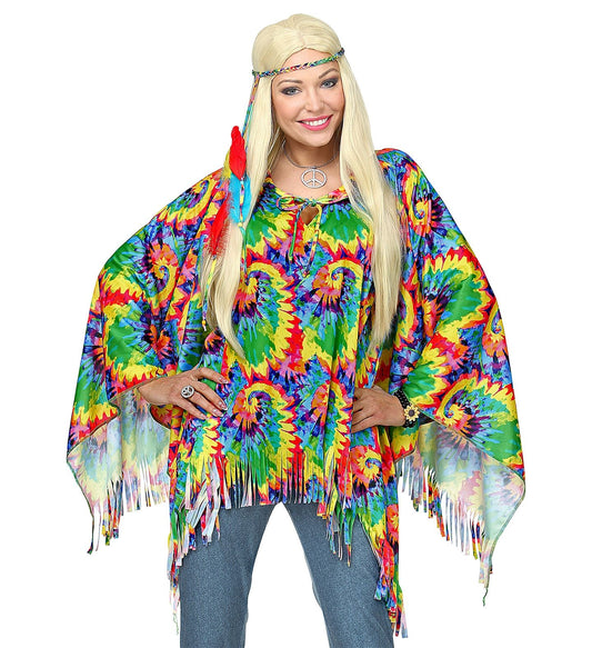 Poncho Hippie psychédélique femme avec bandeau plumes